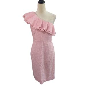 J. Crew pink and white pinstriped one-shoulder ruffle Seersucker dress Size 6